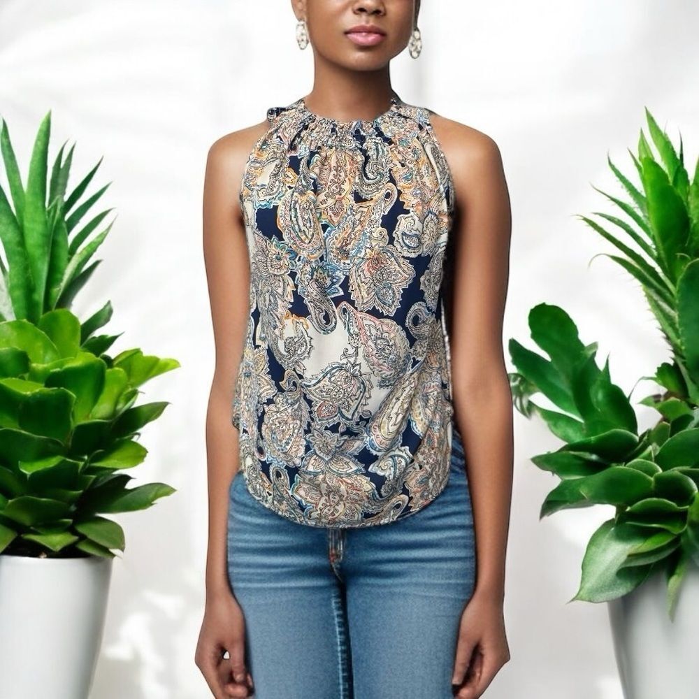 SPENSE Paisley Print Sleeveless Halter Top Smocked Neckline Blue White Sz M